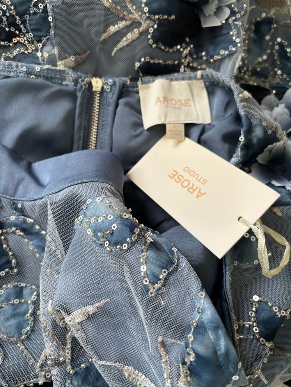 NWT Arose Studio Blue 3D Floral Embellished Beaded Anthro Cocktail Dress Large - Picture 6 of 7